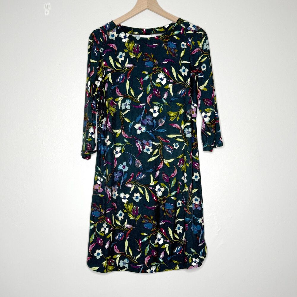 J.Jill Womens Shift Knee Length Dress Small‎ Petite Blue Floral 3/4 Sleeve Event